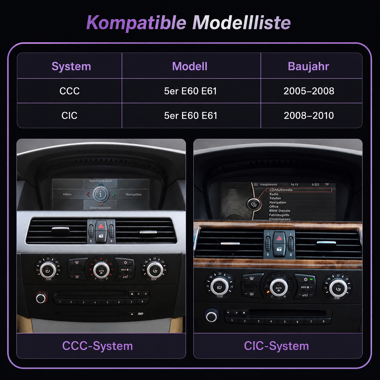 Touchscreen für BMW 5er E60/E61 mit CCC oder CIC – Wireless CarPlay & Android Auto